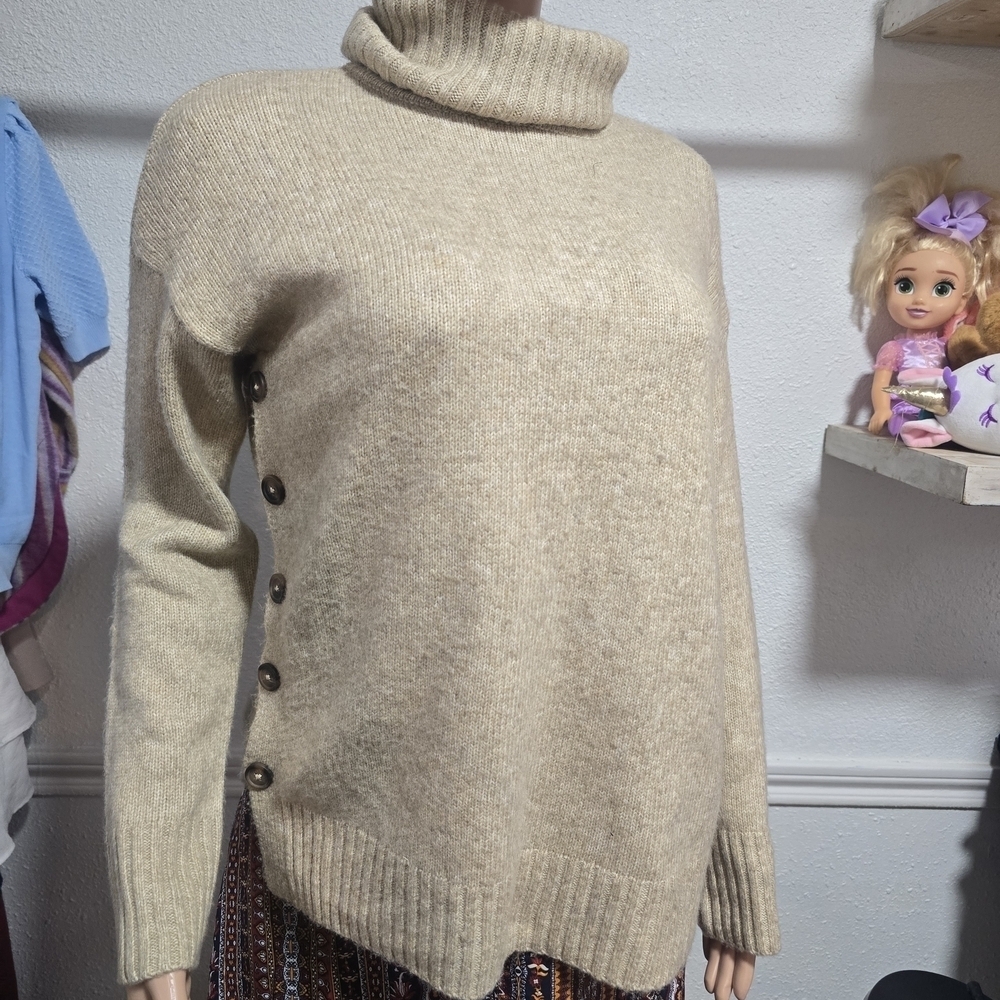 Cynthia Rowley Cream Turtleneck Sweater with Button Accents